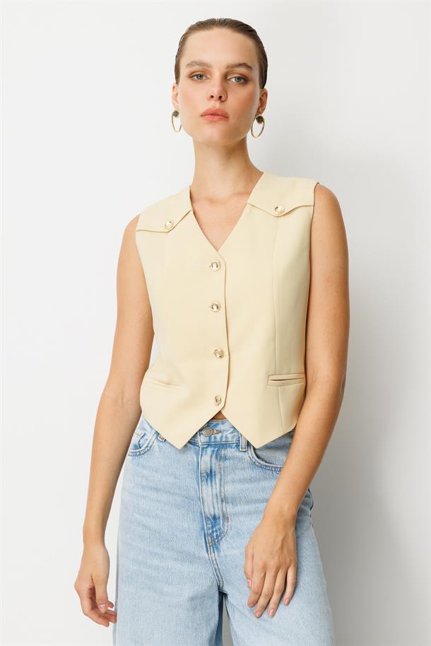Düğme Detaylı Krep Kumaş Yelek-SARI
