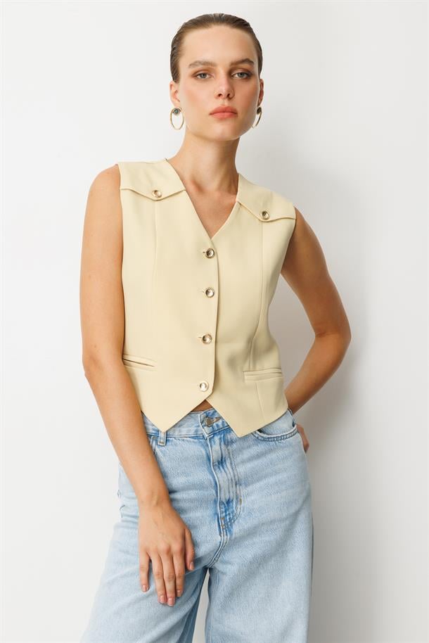 Düğme Detaylı Krep Kumaş Yelek-SARI