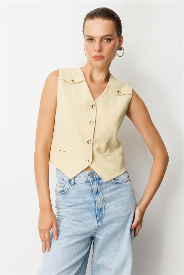 Düğme Detaylı Krep Kumaş Yelek-SARI