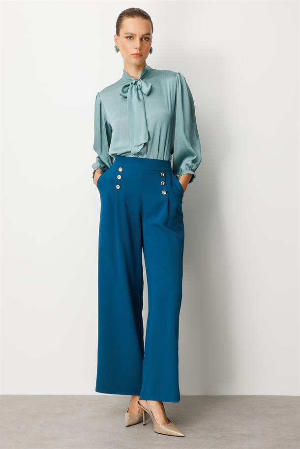 Düğme Detaylı Krep Pantolon-PETROL