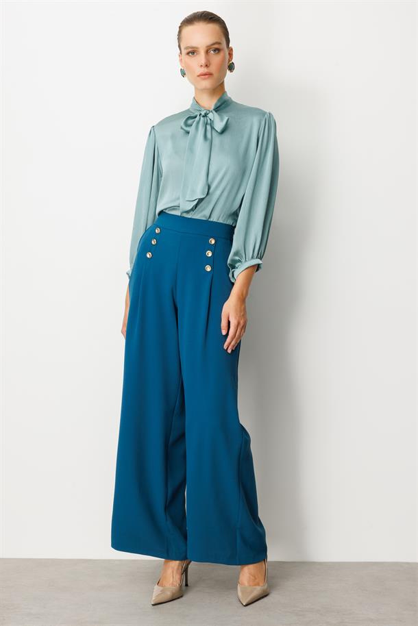 Düğme Detaylı Krep Pantolon-PETROL