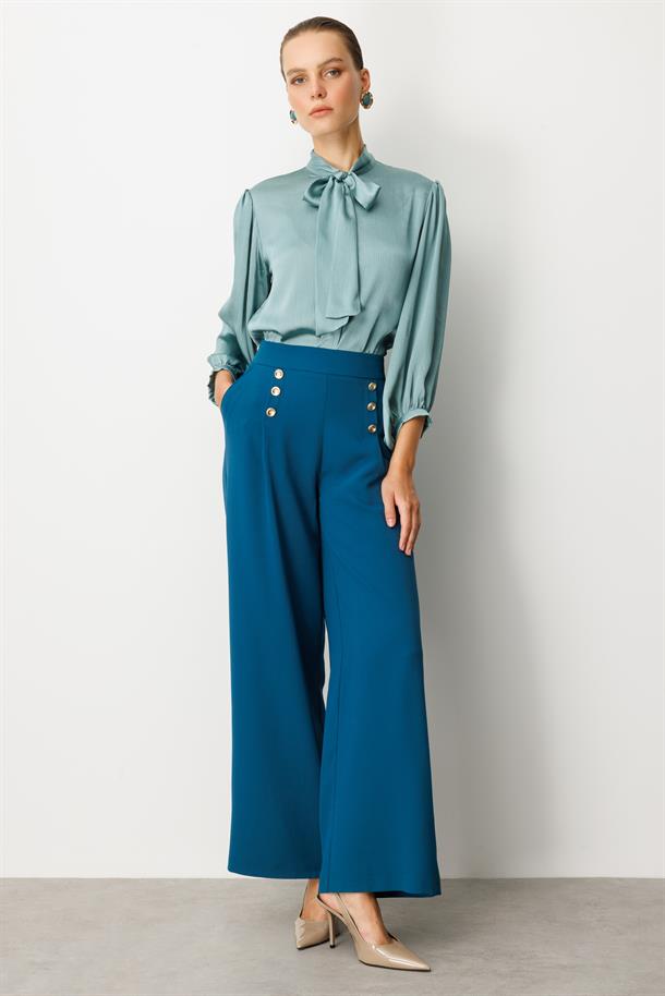 Düğme Detaylı Krep Pantolon-PETROL