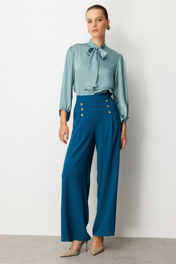 Düğme Detaylı Krep Pantolon-PETROL