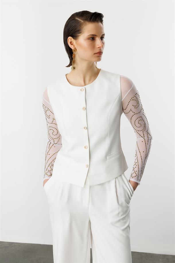 Düğme Detaylı Krep Yelek-KEMIK