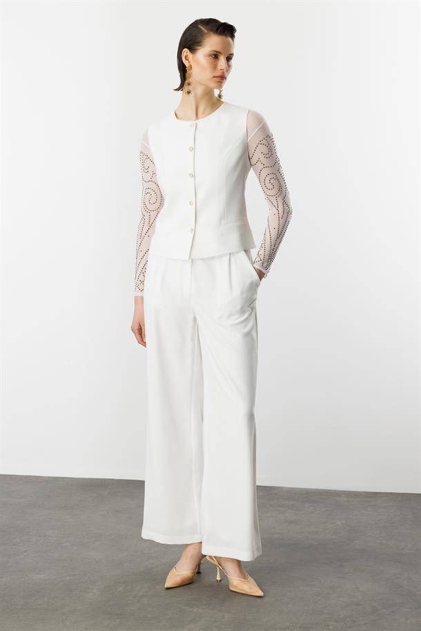 Düğme Detaylı Krep Yelek-KEMIK