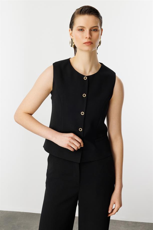 Düğme Detaylı Krep Yelek-SİYAH