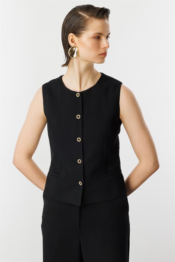 Düğme Detaylı Krep Yelek-SİYAH