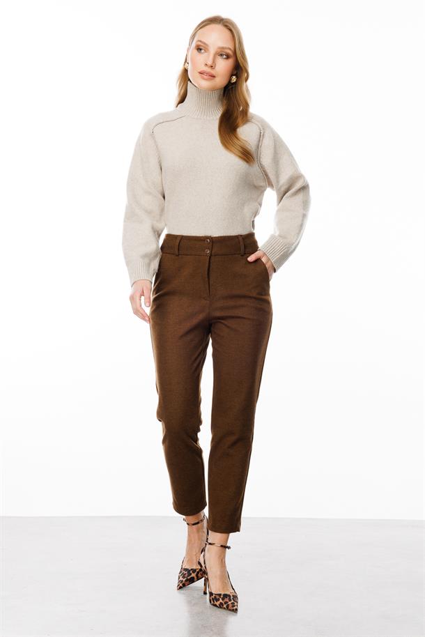 Düğme Detaylı Pantolon-KAHVE