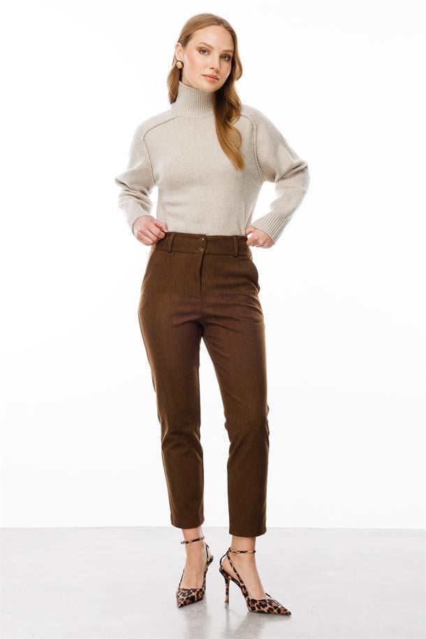 Düğme Detaylı Pantolon-KAHVE