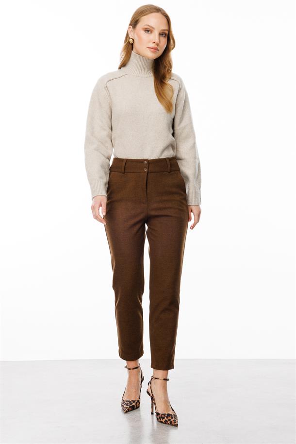 Düğme Detaylı Pantolon-KAHVE