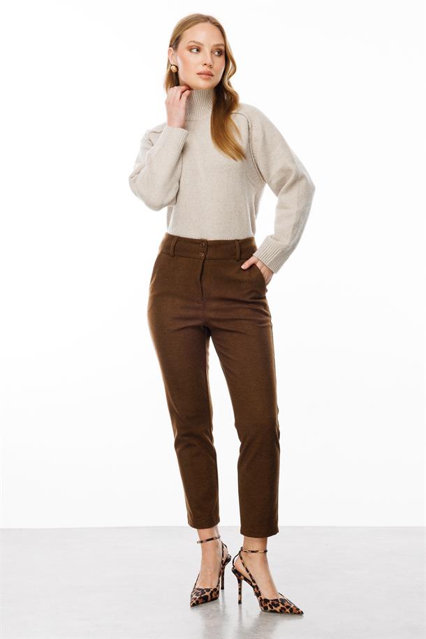 Düğme Detaylı Pantolon-KAHVE