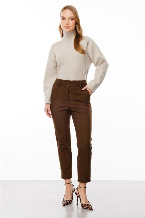 Düğme Detaylı Pantolon-KAHVE