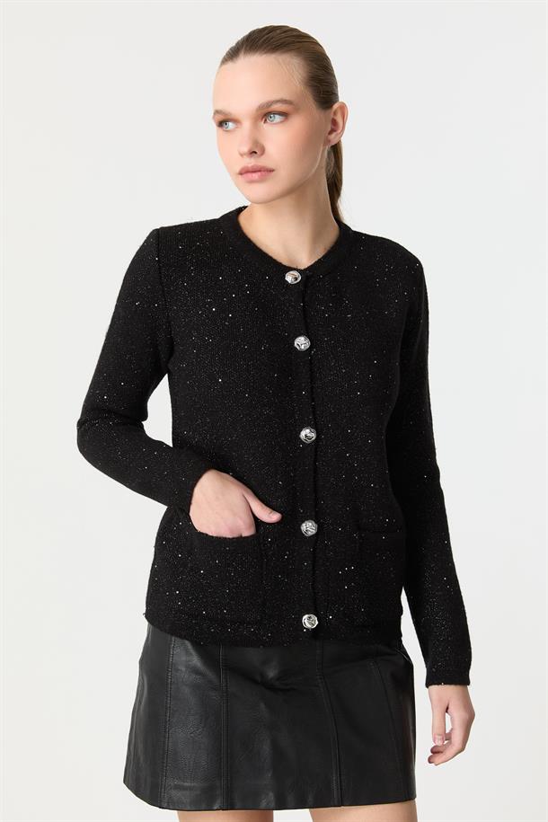 Düğme Detaylı Pullu Hırka-SİYAH