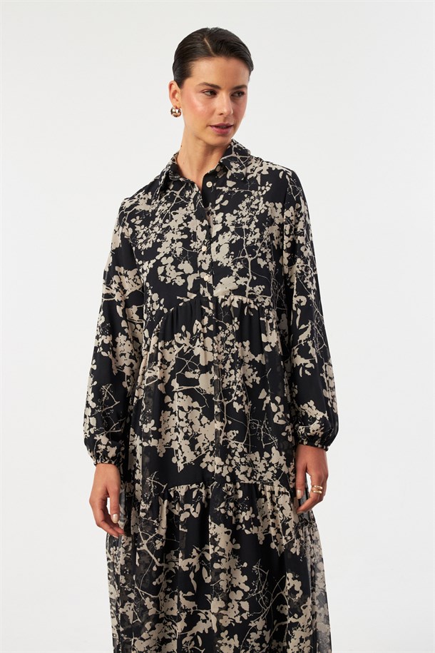 Düğme Detaylı Şifon Elbise-SİYAH/KEMİK