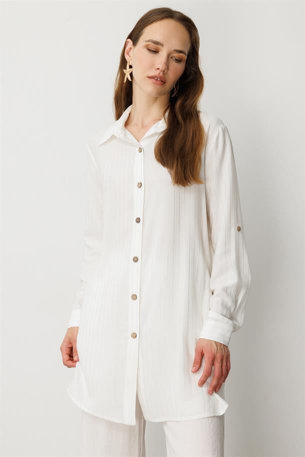 Düğme Detaylı Sim Çizgili Gömlek Tunik-KEMIK