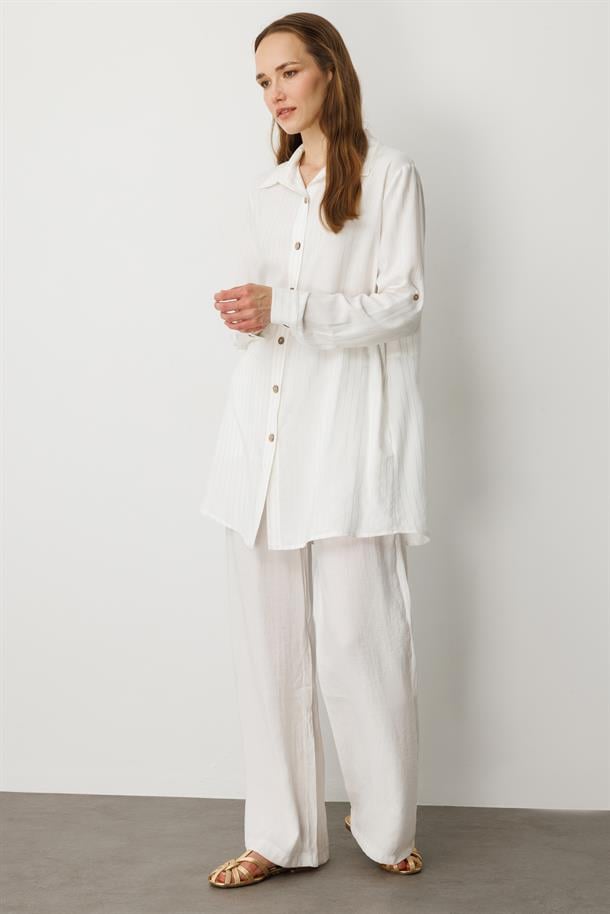 Düğme Detaylı Sim Çizgili Gömlek Tunik-KEMIK