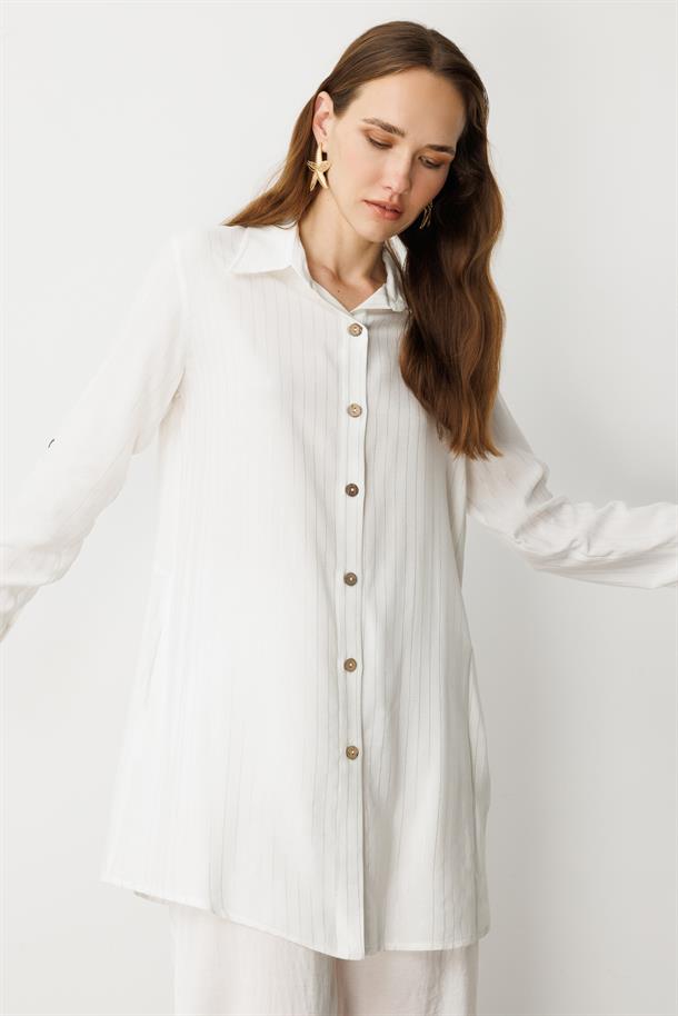 Düğme Detaylı Sim Çizgili Gömlek Tunik-KEMIK