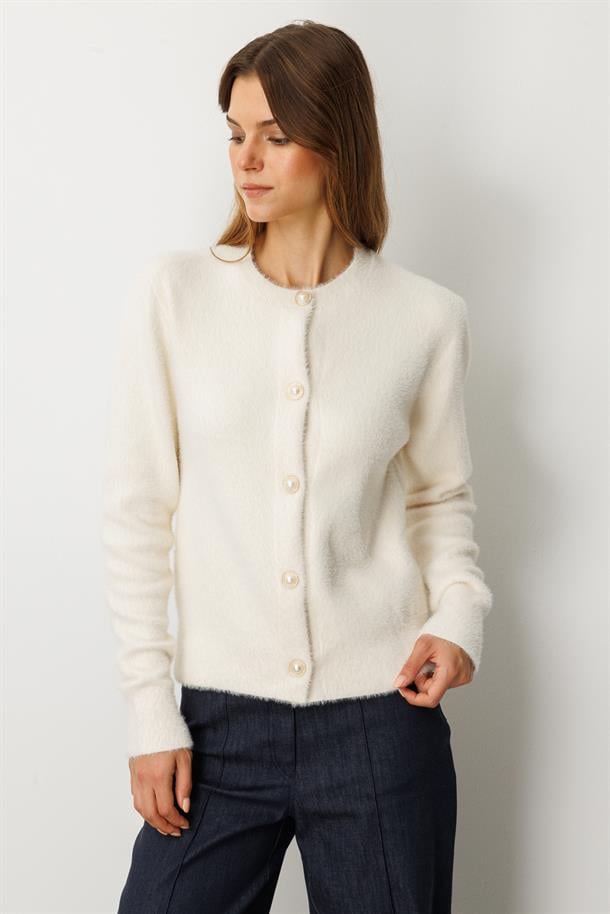 Düğme Detaylı Triko Hırka-EKRU