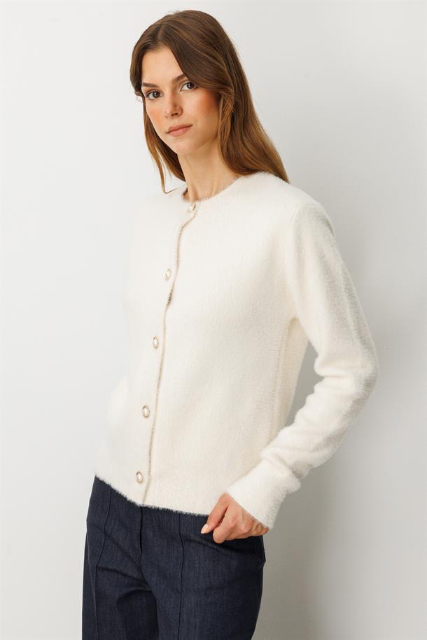 Düğme Detaylı Triko Hırka-EKRU