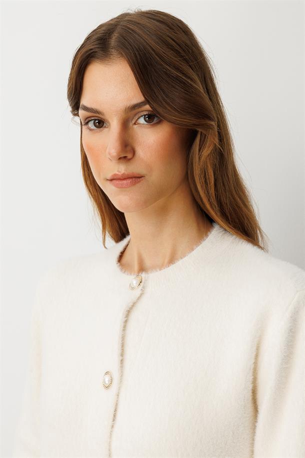 Düğme Detaylı Triko Hırka-EKRU