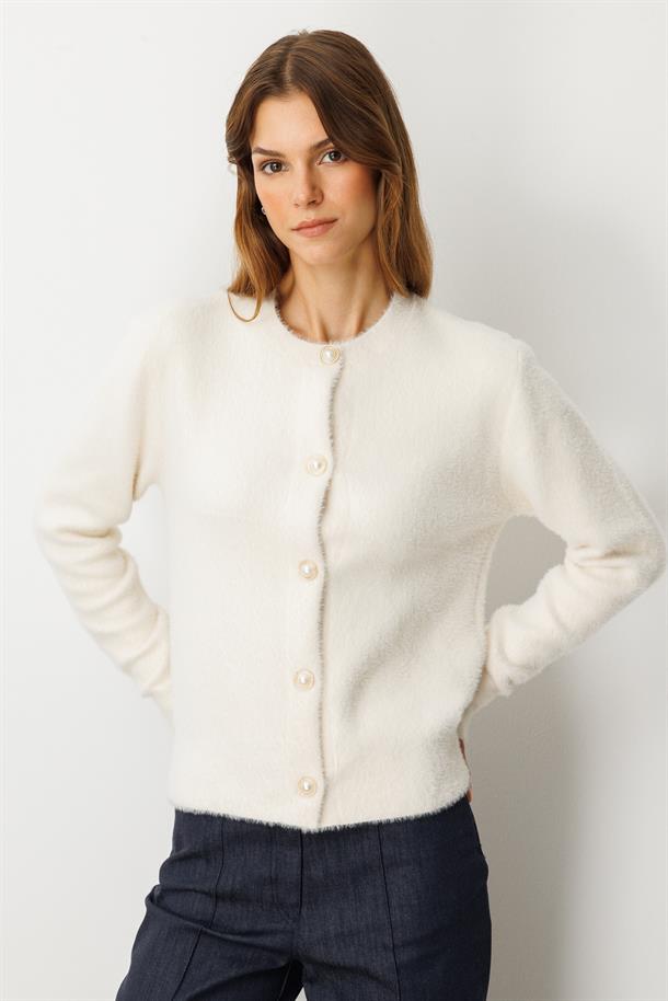 Düğme Detaylı Triko Hırka-EKRU