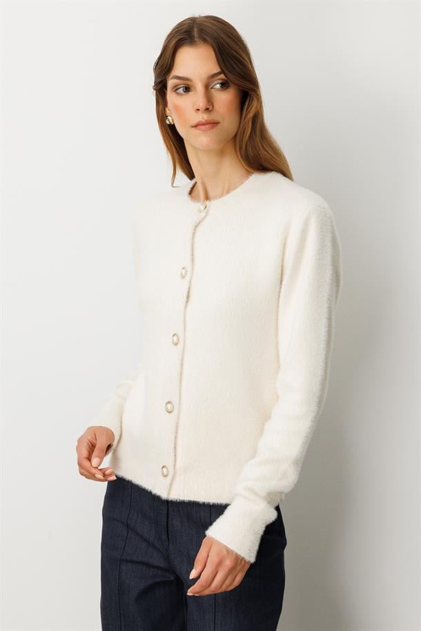 Düğme Detaylı Triko Hırka-EKRU