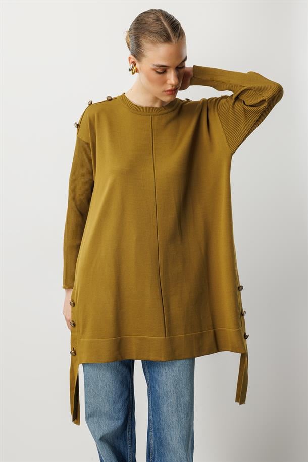 Düğme Detaylı Triko Tunik-HARDAL