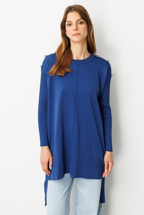 Düğme Detaylı Triko Tunik-SAX