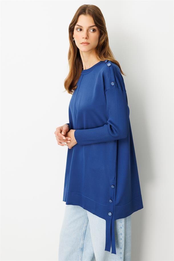 Düğme Detaylı Triko Tunik-SAX
