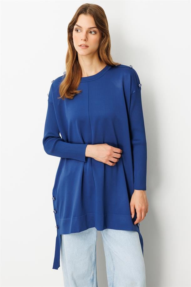 Düğme Detaylı Triko Tunik-SAX