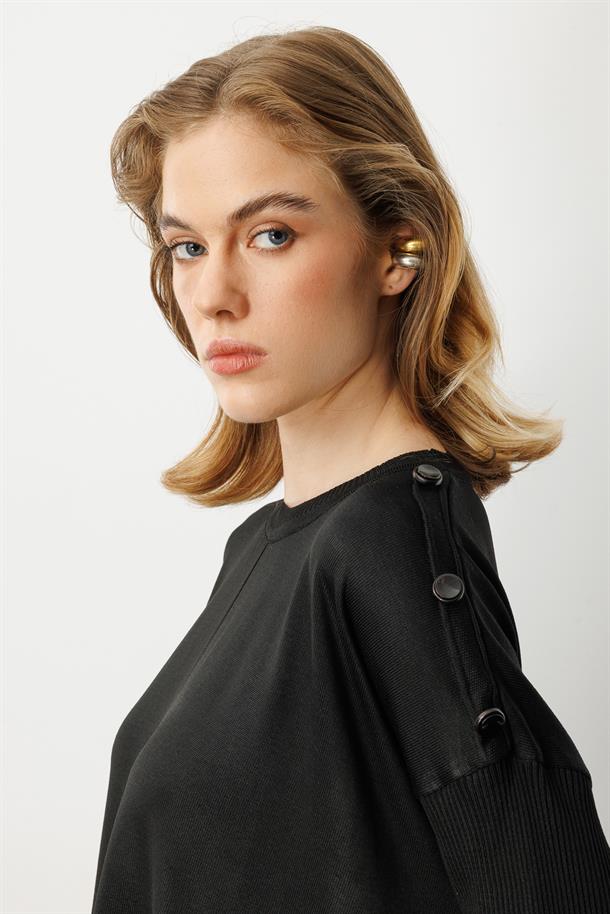 Düğme Detaylı Triko Tunik-SİYAH