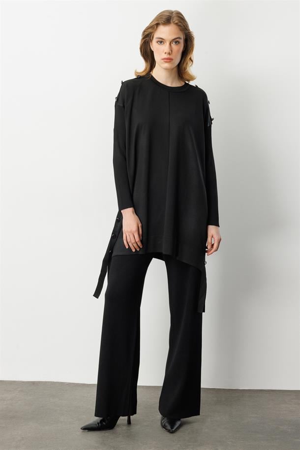 Düğme Detaylı Triko Tunik-SİYAH