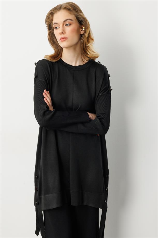 Düğme Detaylı Triko Tunik-SİYAH