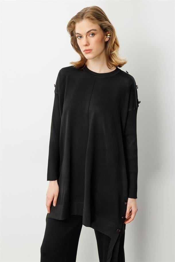 Düğme Detaylı Triko Tunik-SİYAH