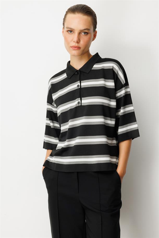 Düğme Detaylı Truvakar Kol Triko Kazak-SİYAH