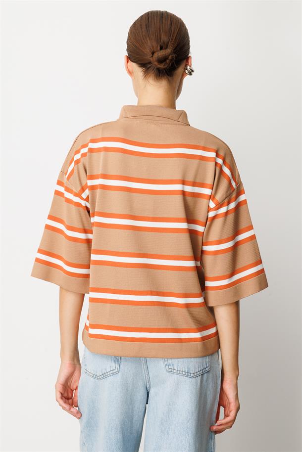 Düğme Detaylı Truvakar Kol Triko Kazak-KARAMEL