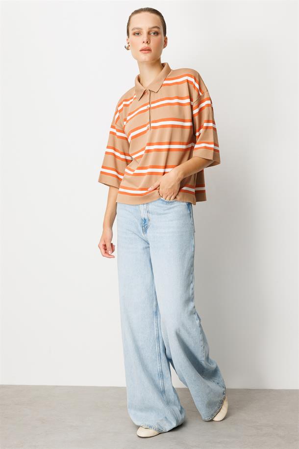 Düğme Detaylı Truvakar Kol Triko Kazak-KARAMEL