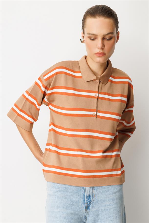 Düğme Detaylı Truvakar Kol Triko Kazak-KARAMEL