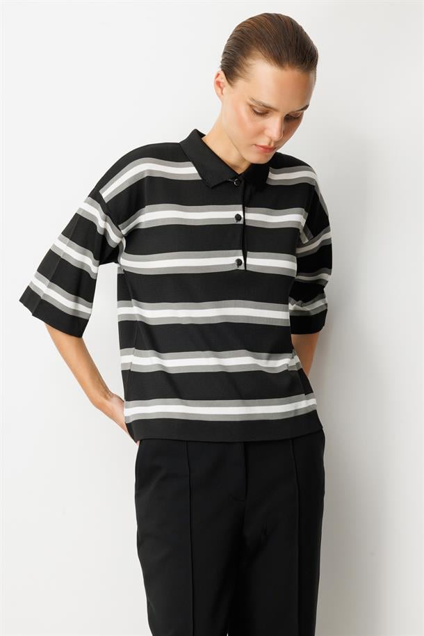 Düğme Detaylı Truvakar Kol Triko Kazak-SİYAH