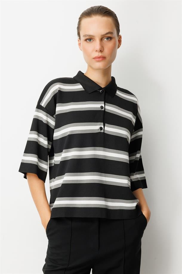 Düğme Detaylı Truvakar Kol Triko Kazak-SİYAH