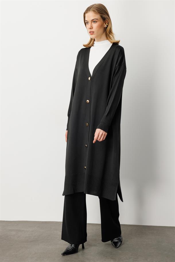 Düğme Detaylı Uzun Triko Hırka-SİYAH