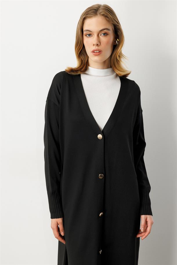 Düğme Detaylı Uzun Triko Hırka-SİYAH