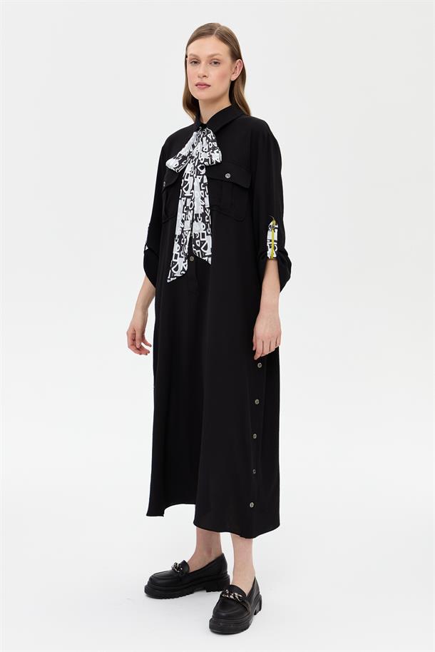 Düğme ve Cep Detaylı Rahat Kesim Elbise-SİYAH