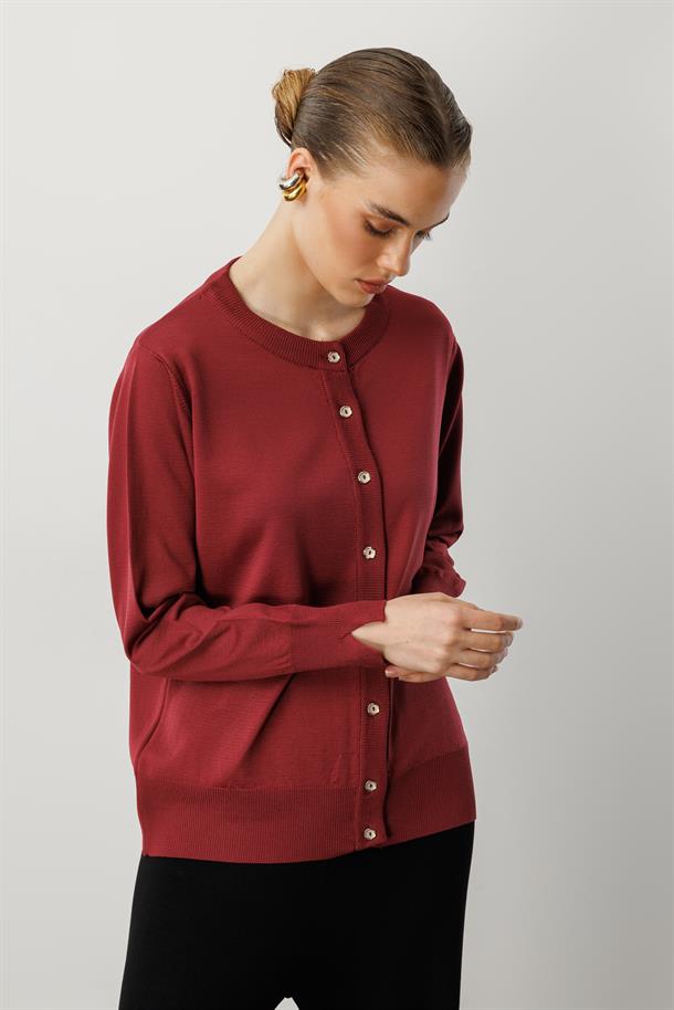 Düğmeli Basic Triko Hırka-BORDO