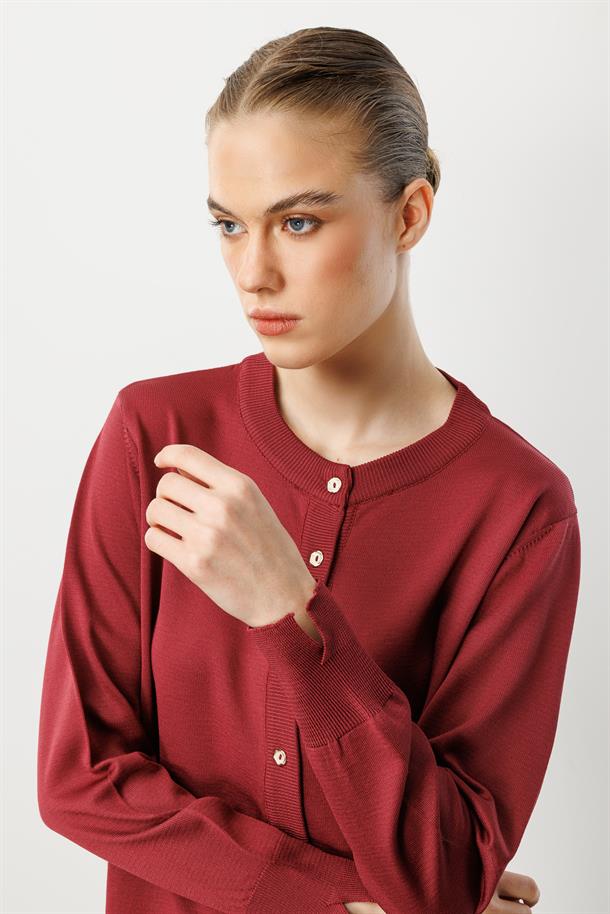 Düğmeli Basic Triko Hırka-BORDO