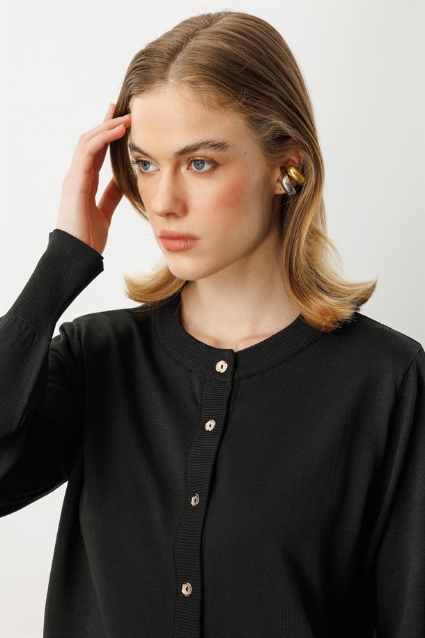 Düğmeli Basic Triko Hırka-SİYAH
