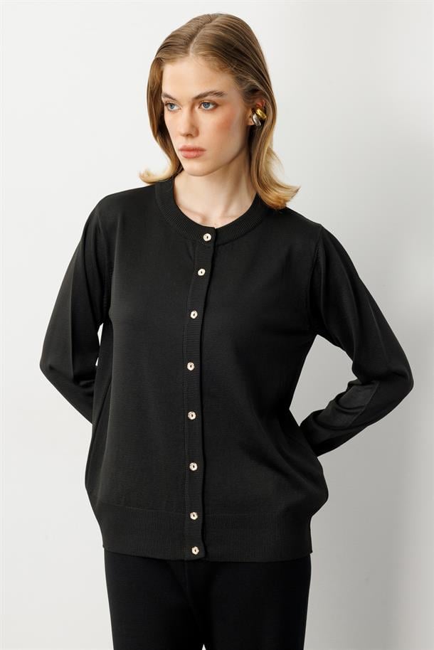 Düğmeli Basic Triko Hırka-SİYAH