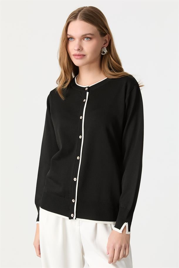 Düğmeli Basic Triko Hırka-SİYAH/KEMİK