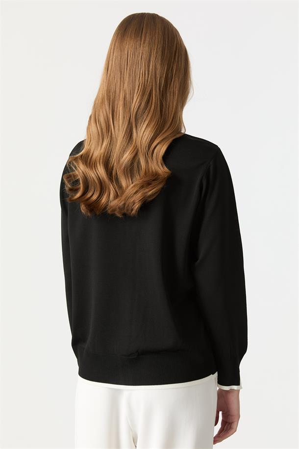 Düğmeli Basic Triko Hırka-SİYAH/KEMİK