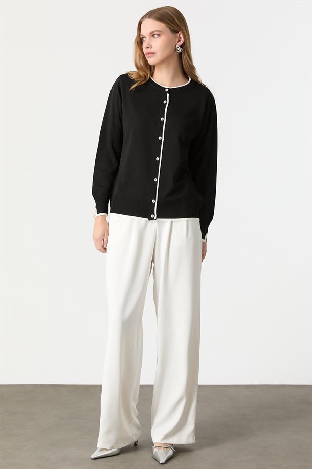 Düğmeli Basic Triko Hırka-SİYAH/KEMİK